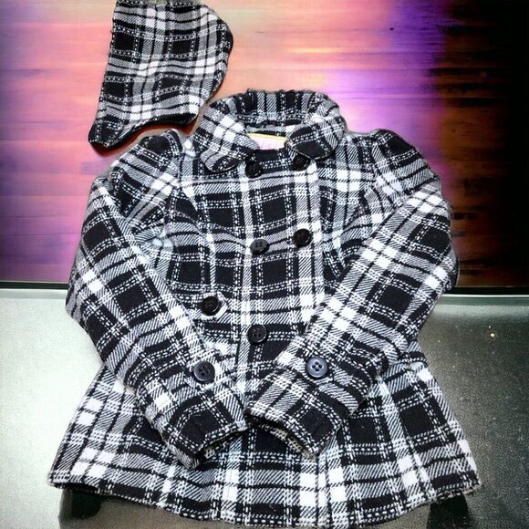 Double-breasted black white plaid jacket with removeable hood - Picture 3 of 8